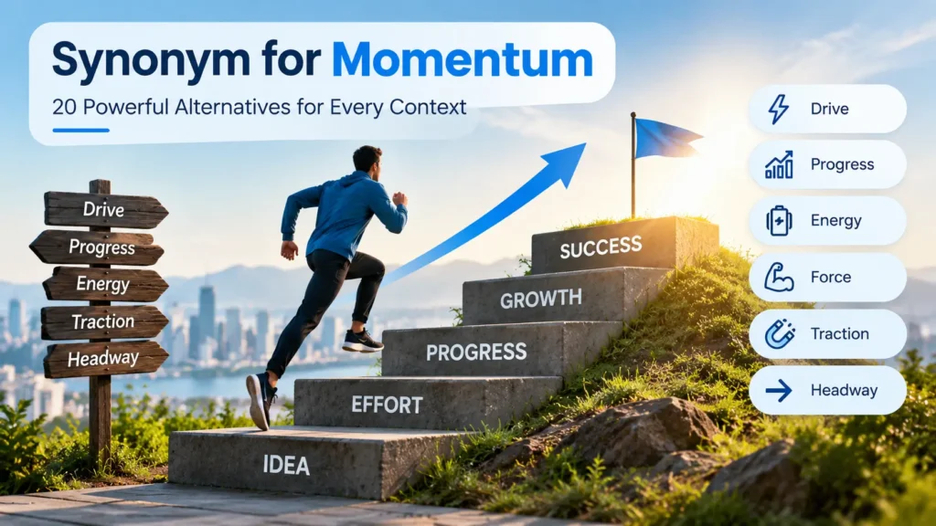 Synonym for momentum showing drive, progress, energy, traction, and forward movement