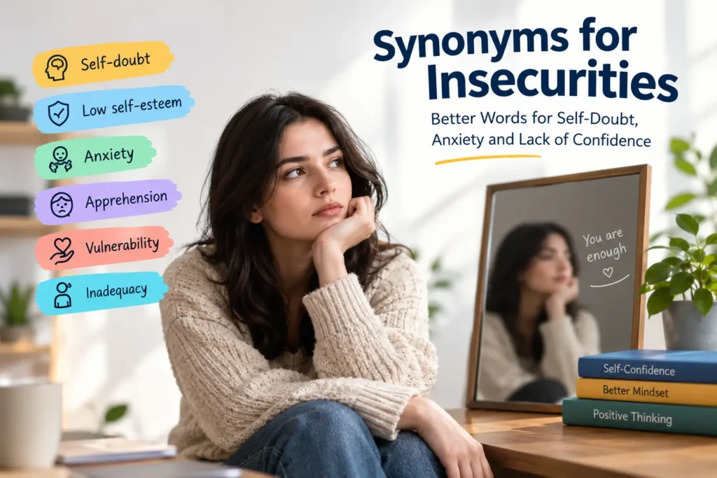 Synonyms for insecurities including self-doubt, low self-esteem, anxiety, apprehension, and vulnerability