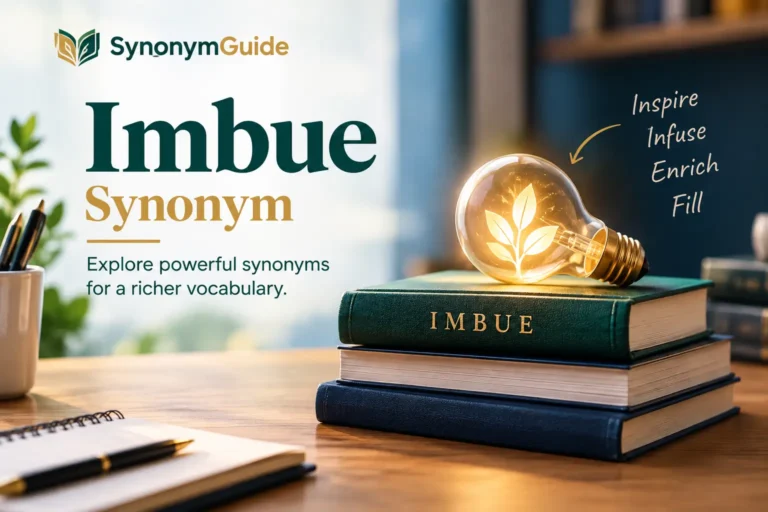 Imbue synonym featured image with books, glowing lightbulb, and vocabulary synonyms