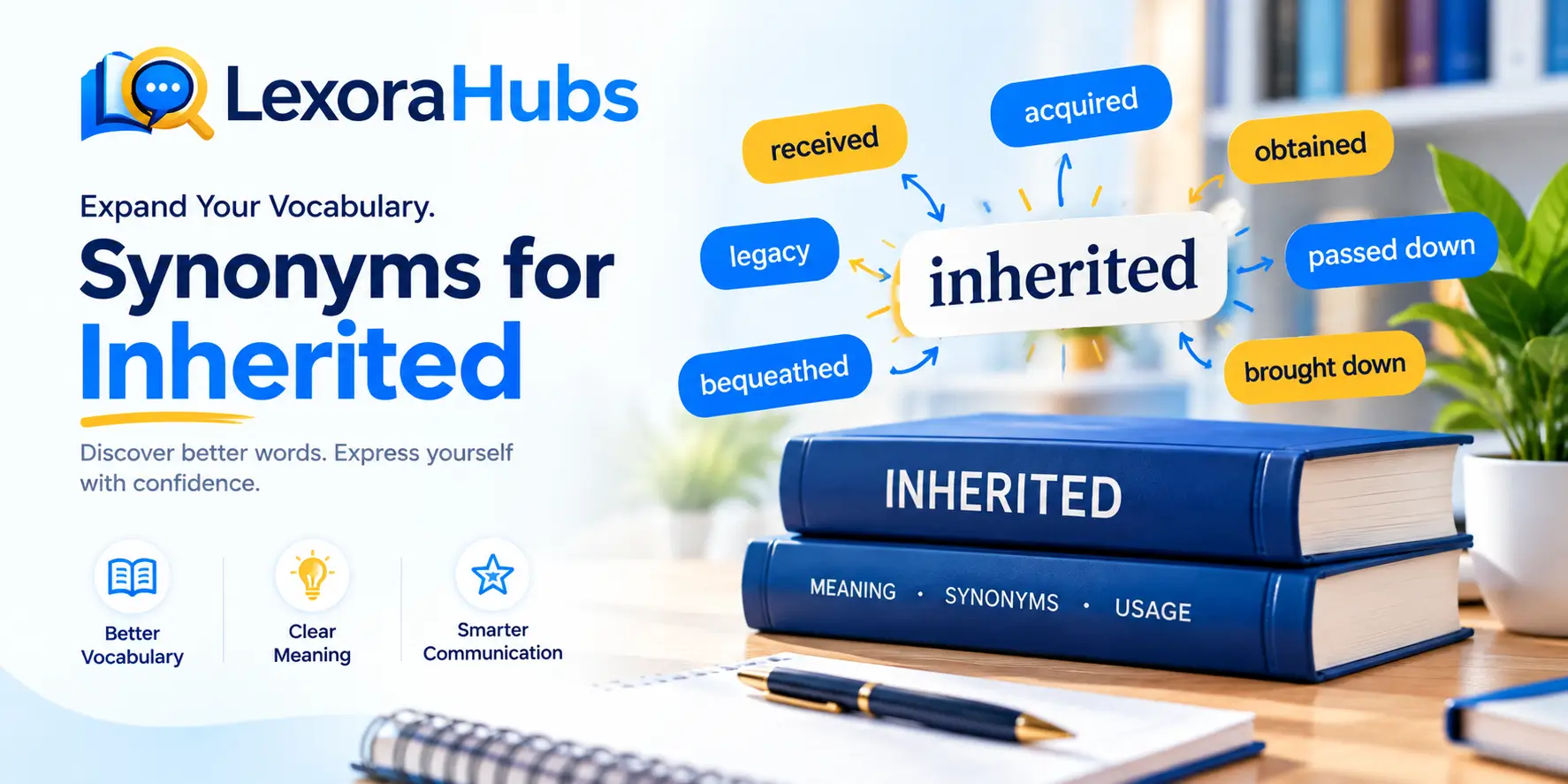 Illustration representing synonyms for the word "inherited," including genetic, hereditary, ancestral, and bequeathed