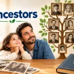 Ancestors family tree with historical portraits, family photos, and a father and daughter exploring their family history.