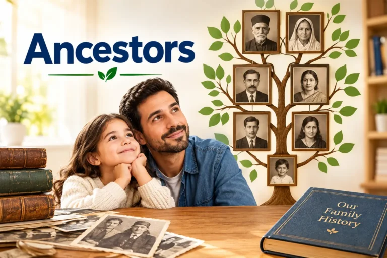 Ancestors family tree with historical portraits, family photos, and a father and daughter exploring their family history.
