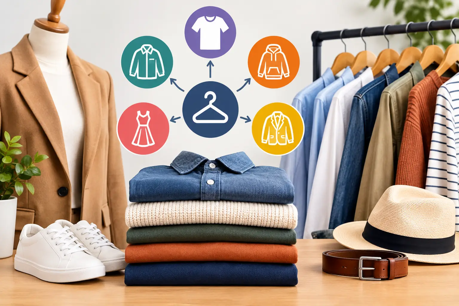 Apparel synonyms featuring clothing, shirts, jackets, dresses, and fashion accessories.