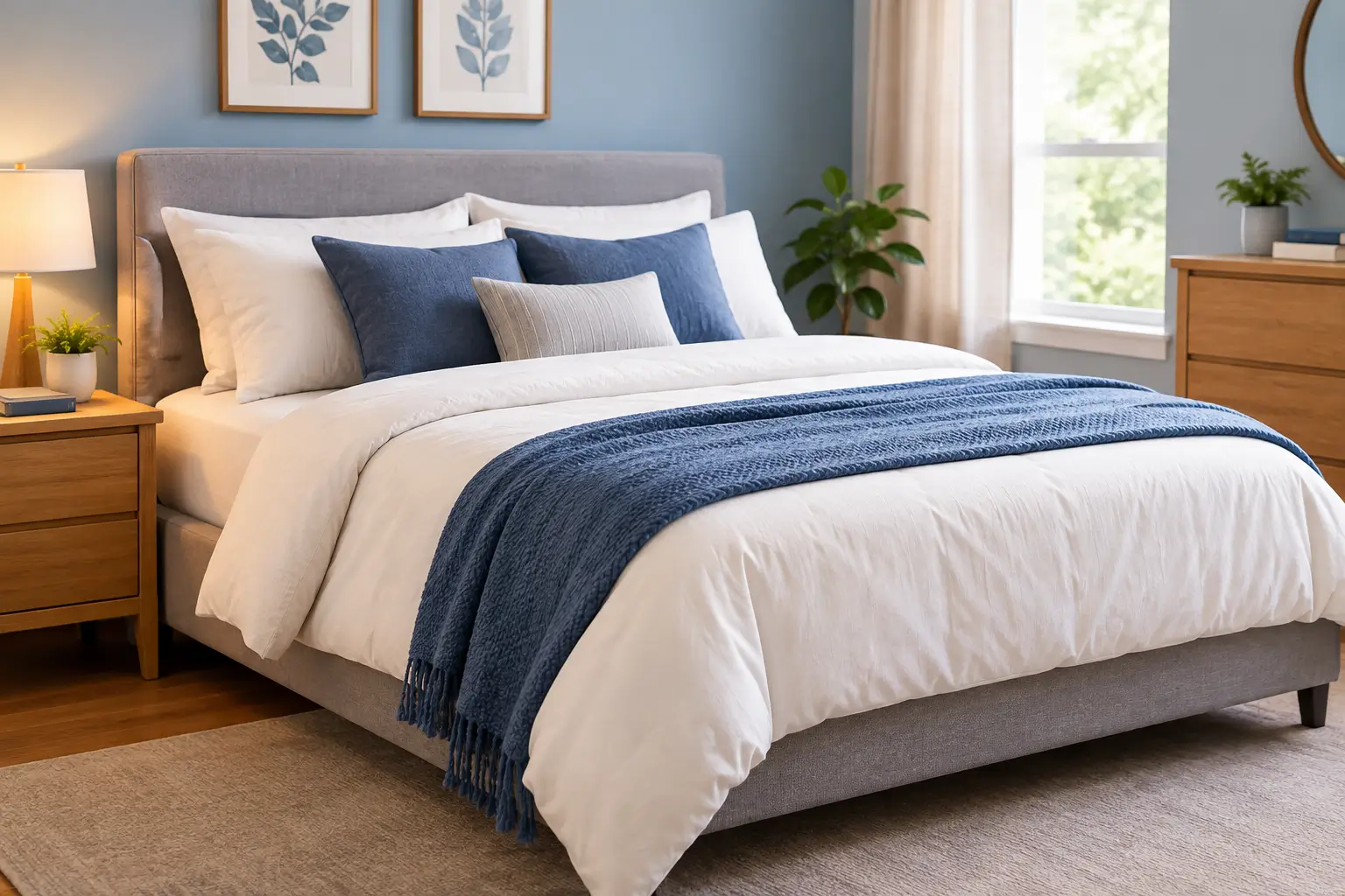 Cozy modern bedroom with a neatly made bed, white bedding, blue pillows, and a soft blue throw.