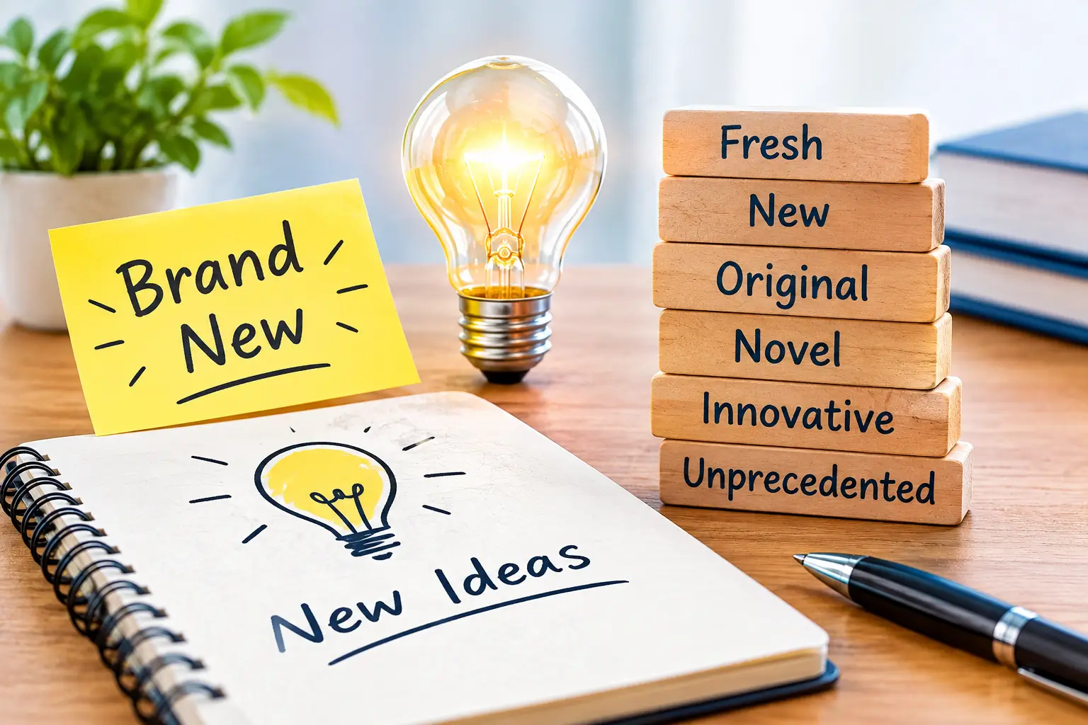Brand new synonym concept with fresh, new, original, novel, and innovative ideas.