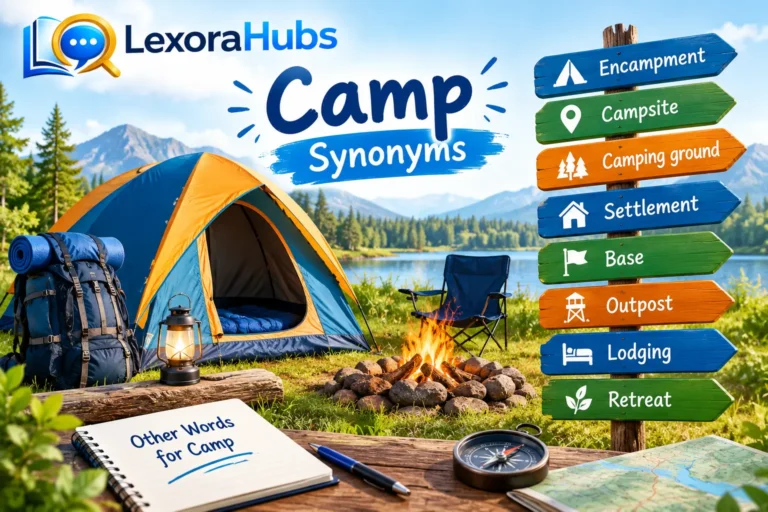 Camp synonyms shown with a tent, campsite, fire, backpack, lake, and colorful synonym signpost.