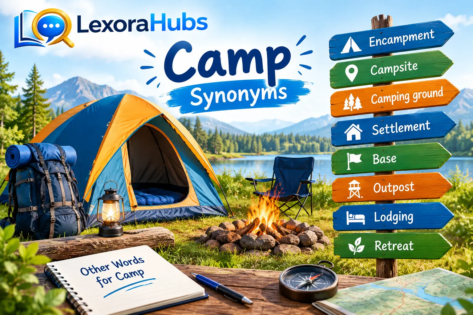 Camp synonyms shown with a tent, campsite, fire, backpack, lake, and colorful synonym signpost.