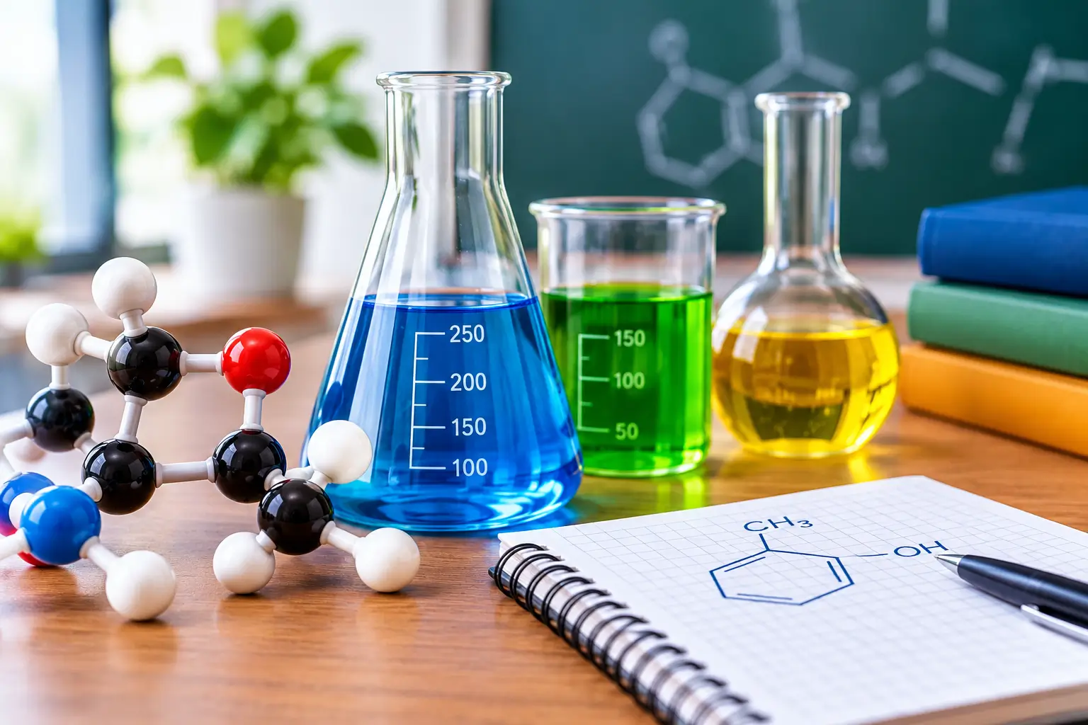 Chemistry laboratory glassware with colorful chemical solutions and a molecular model.
