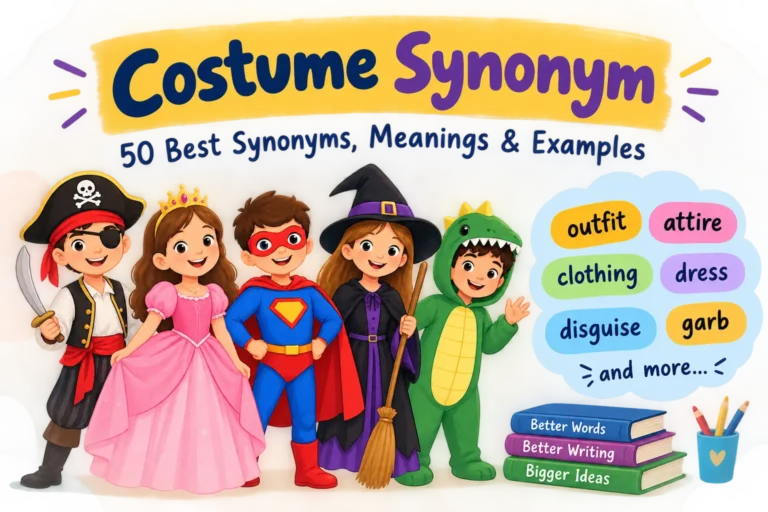 Costume synonym featuring colorful children in different costumes with words like outfit, attire, clothing, dress, disguise, and garb.