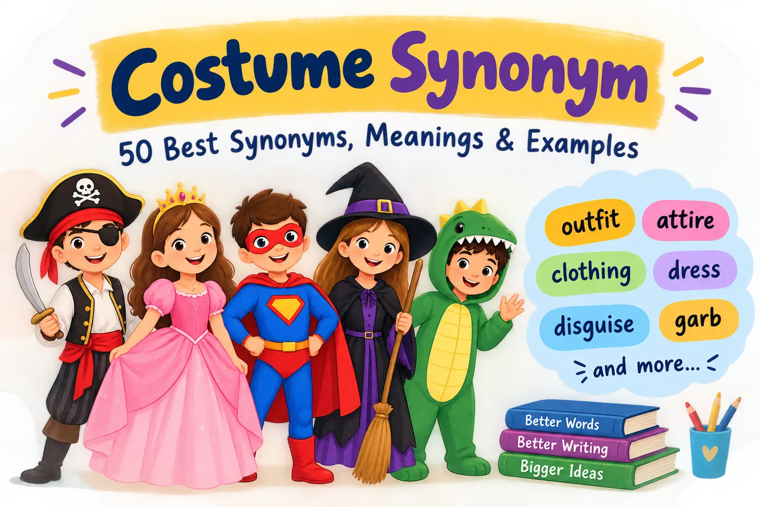 Costume synonym featuring colorful children in different costumes with words like outfit, attire, clothing, dress, disguise, and garb.