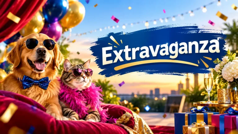 Extravaganza celebration with a dog and cat wearing sunglasses at a colorful luxury party