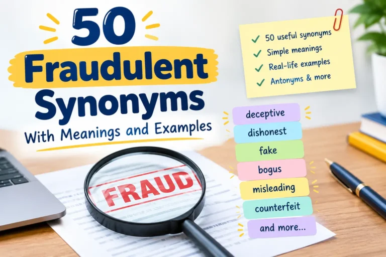 50 fraudulent synonyms with meanings and examples, featuring a magnifying glass over a fraud document