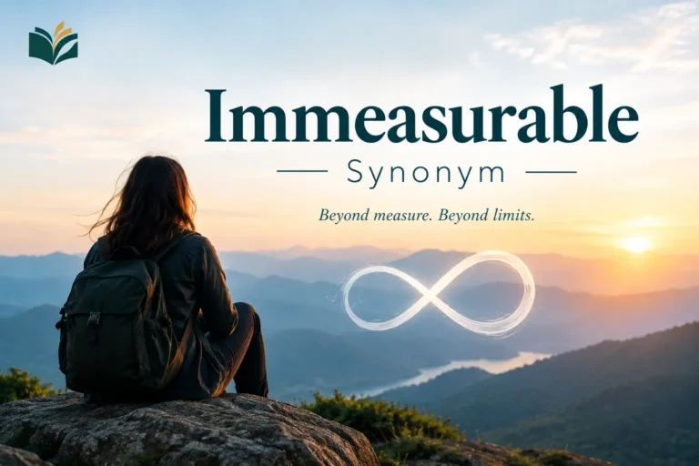 Immeasurable Synonym – vocabulary concept with a mountain landscape and infinity symbol