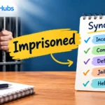 Imprisoned synonym feature image showing prison bars and synonyms such as incarcerated, confined, detained, jailed, and held.