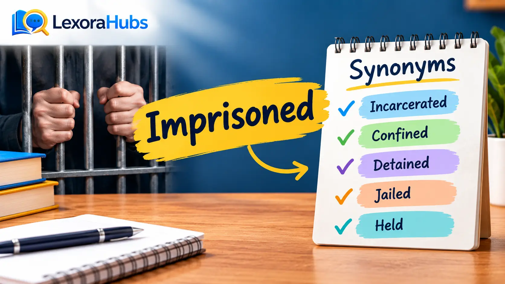 Imprisoned synonym feature image showing prison bars and synonyms such as incarcerated, confined, detained, jailed, and held.