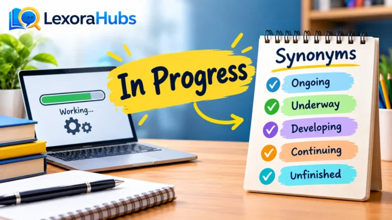 In progress synonym feature image showing a laptop with a progress bar and synonyms such as ongoing, underway, developing, continuing, and unfinished.