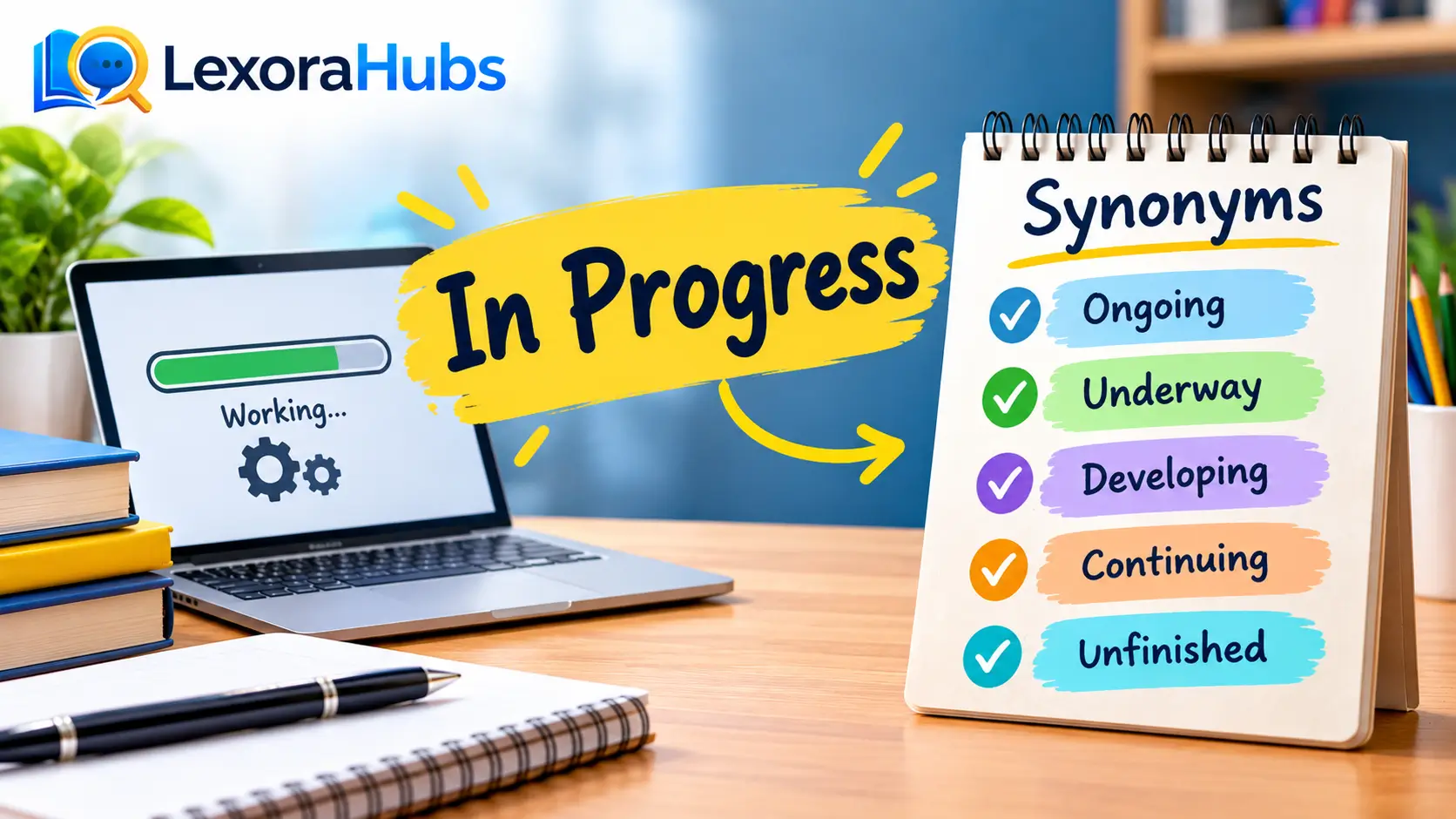 In progress synonym feature image showing a laptop with a progress bar and synonyms such as ongoing, underway, developing, continuing, and unfinished.