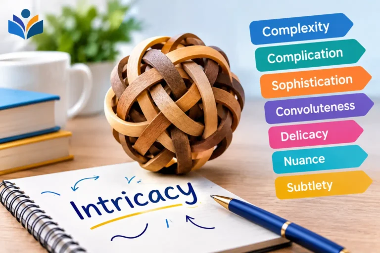 Intricacy synonym concept with a complex wooden puzzle and related vocabulary words.