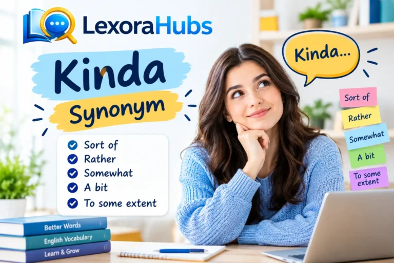 Kinda synonym feature image with LexoraHubs logo, synonym list, and a woman thinking beside a laptop.