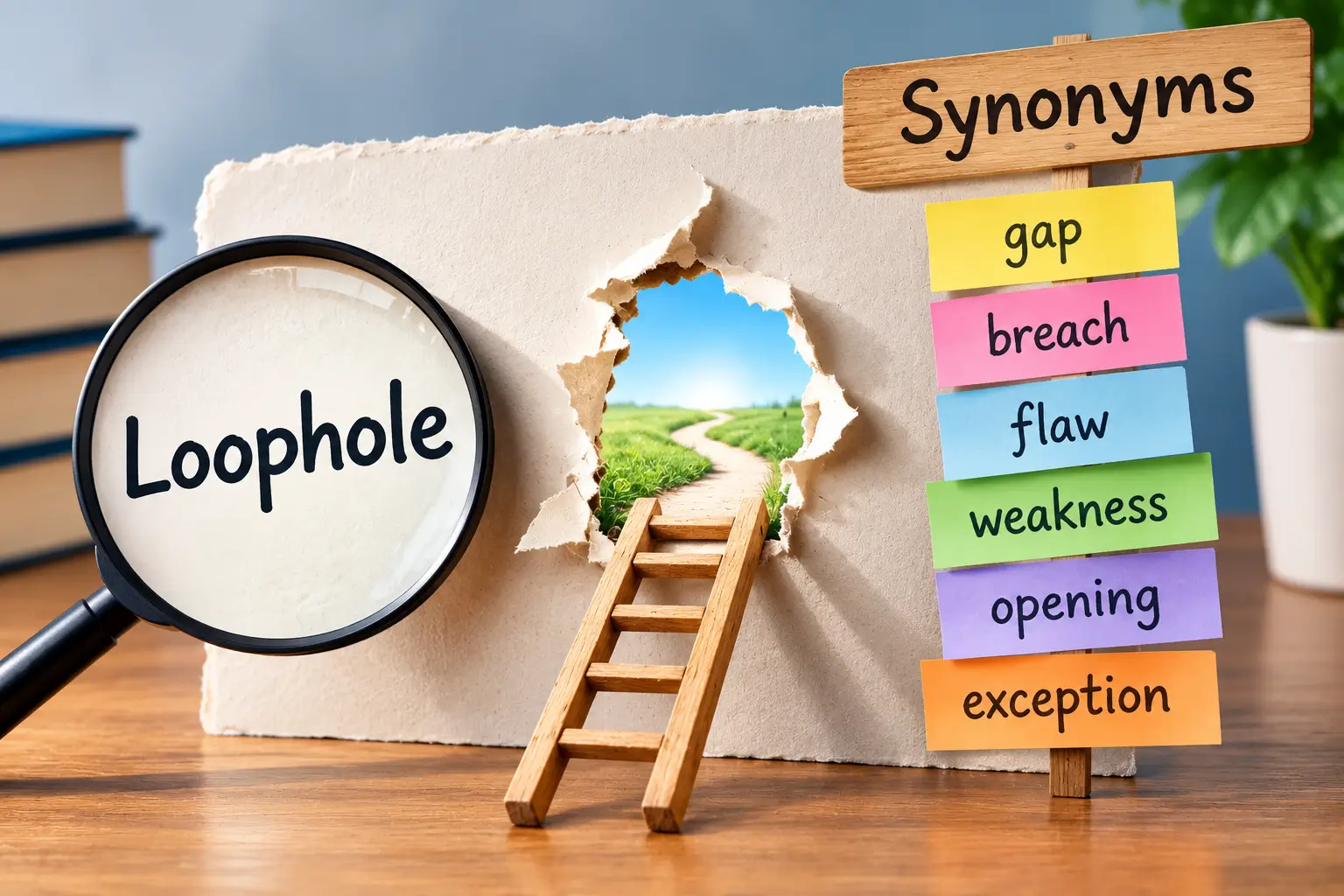 Loophole synonyms represented by a gap, breach, flaw, weakness, opening, and exception.