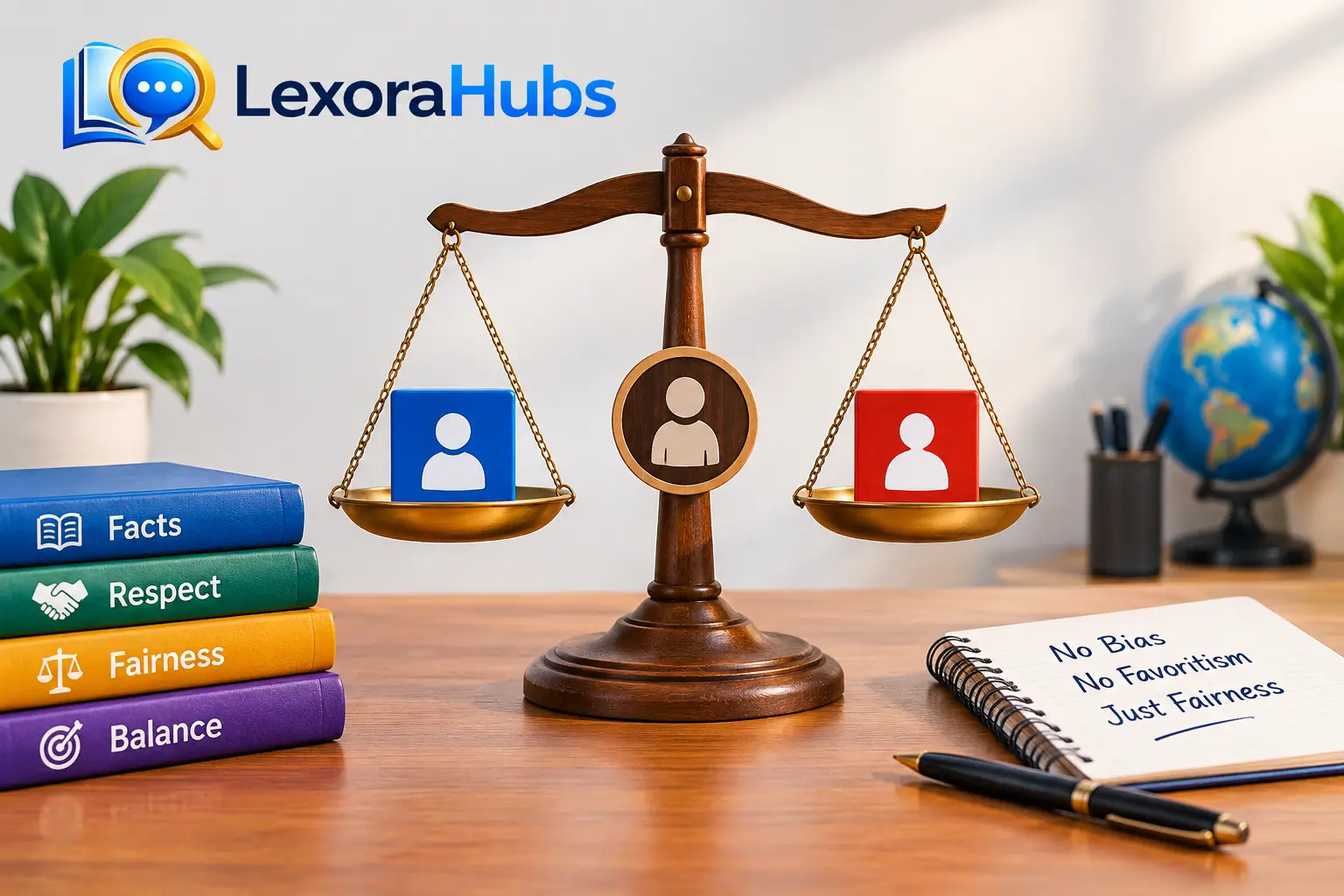 Neutrality synonym represented by a balanced scale, fairness symbols, and LexoraHubs logo.