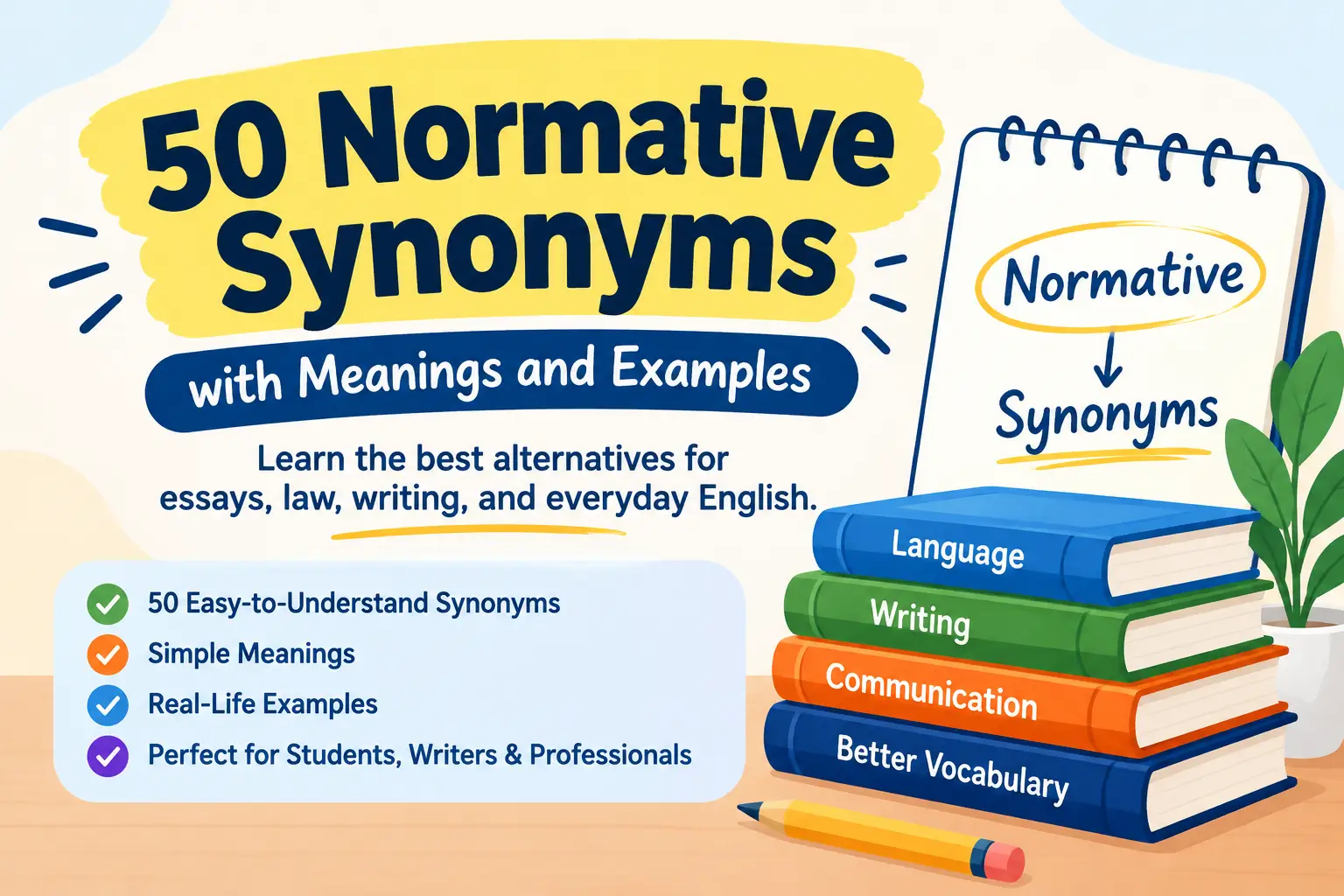 50 normative synonyms with meanings and examples for essays, law, writing, and everyday English.