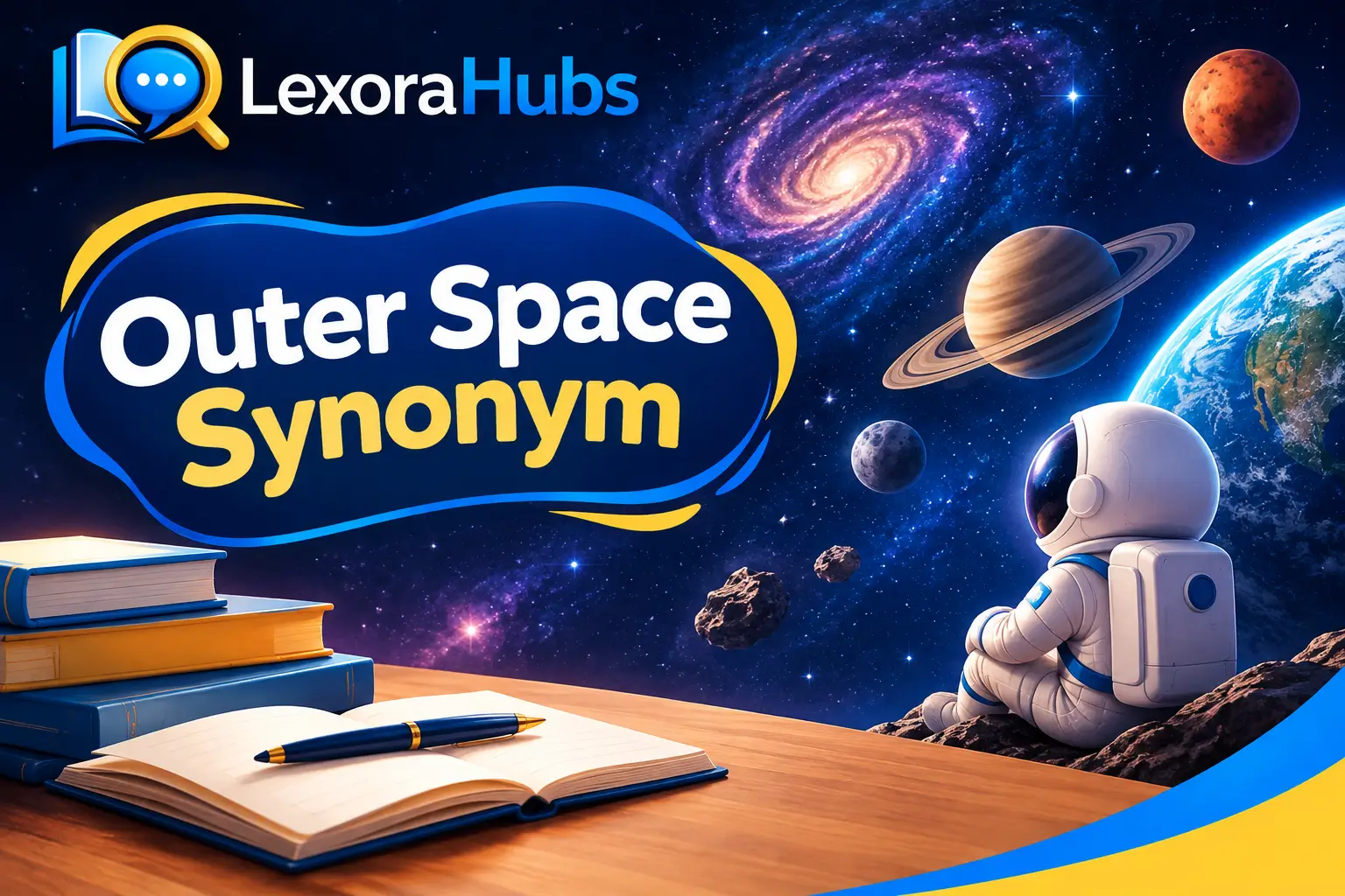 Outer space synonym with planets, stars, galaxy, and astronaut