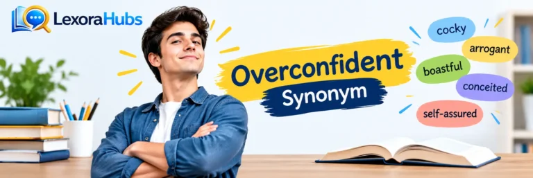 Overconfident synonym with examples including cocky, arrogant, boastful, conceited, and self-assured