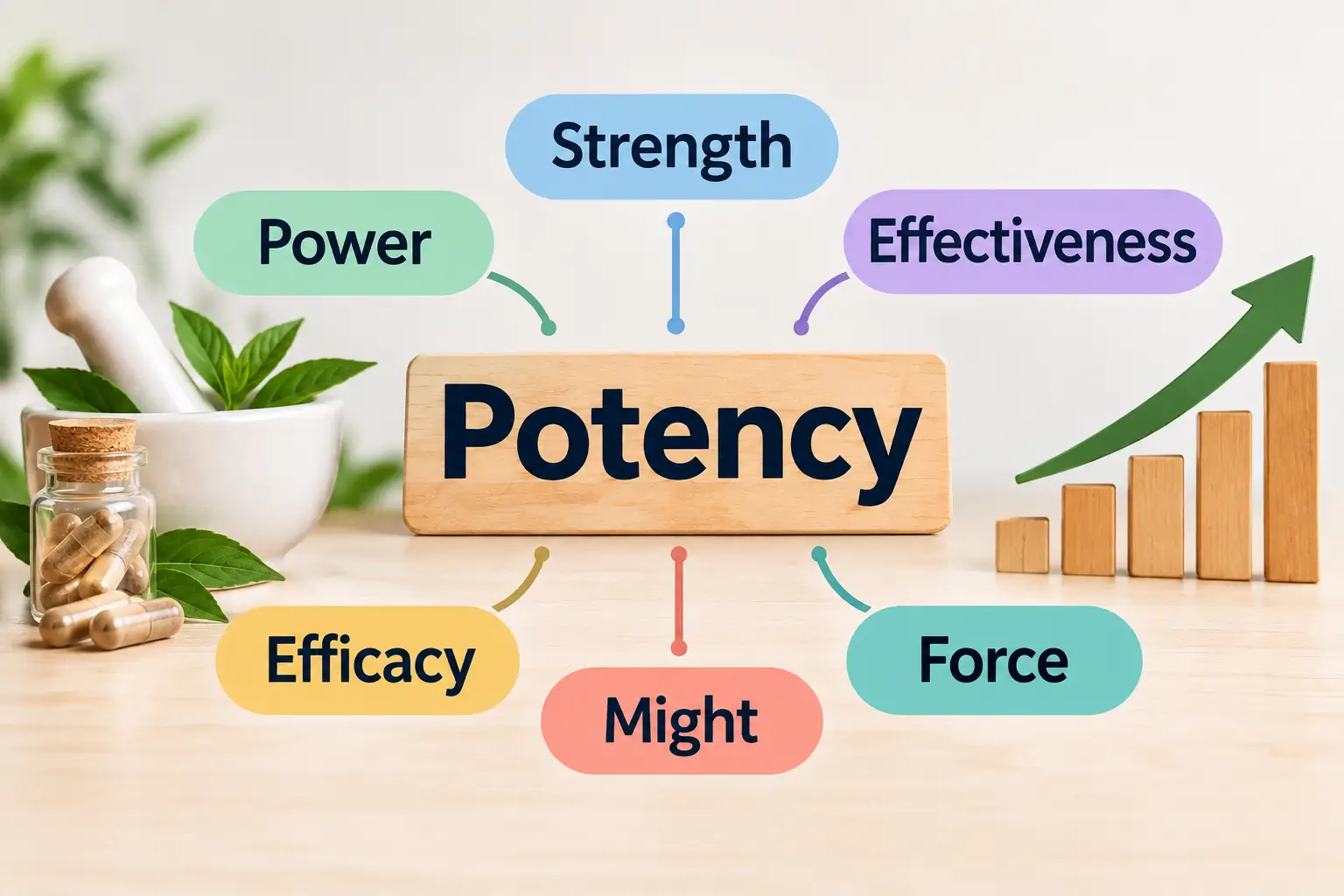 Potency synonyms including strength, power, effectiveness, efficacy, might, and force
