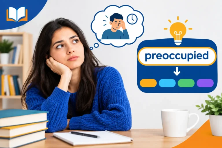 Preoccupied synonym showing a thoughtful woman focused on her thoughts at a study desk