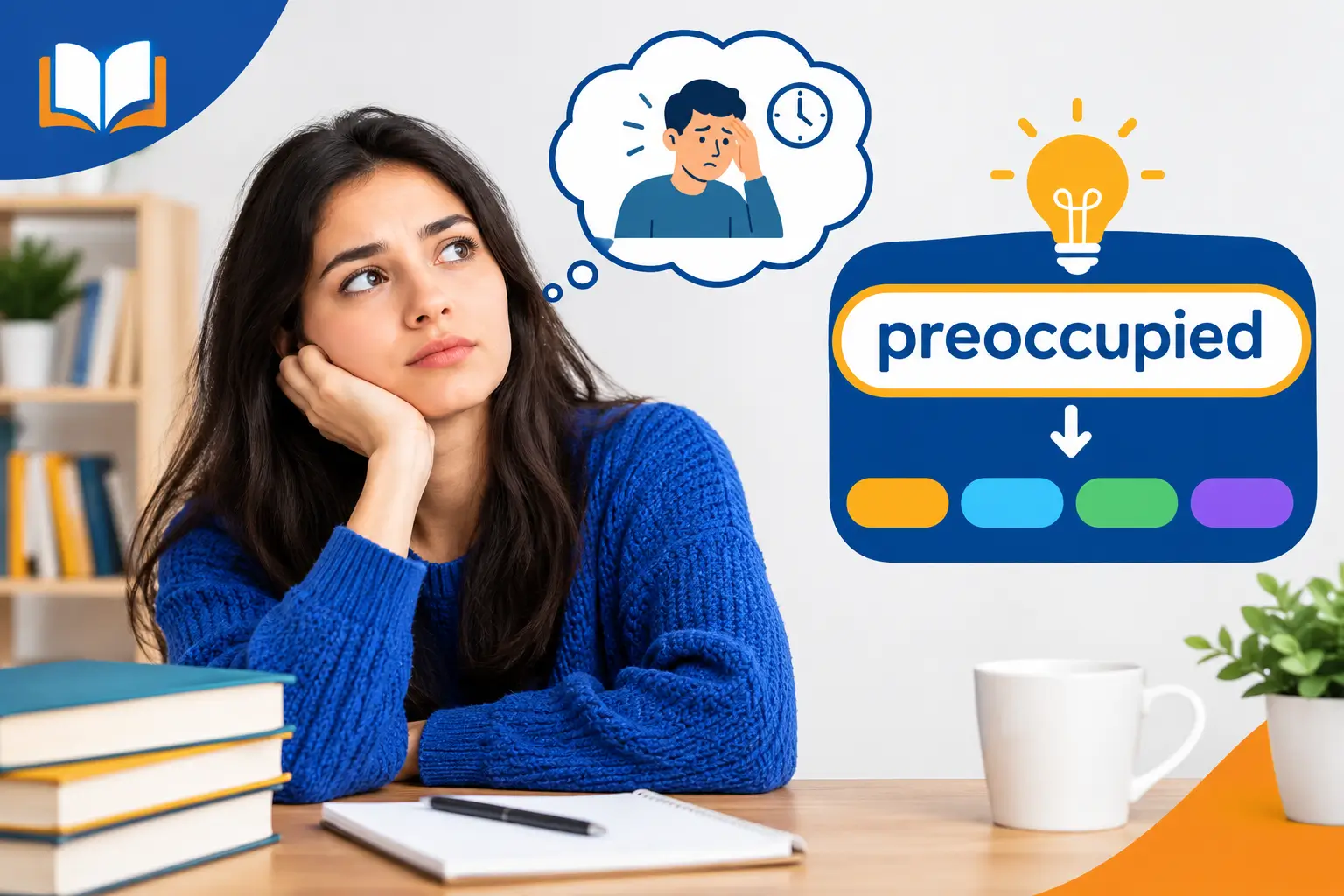 Preoccupied synonym showing a thoughtful woman focused on her thoughts at a study desk
