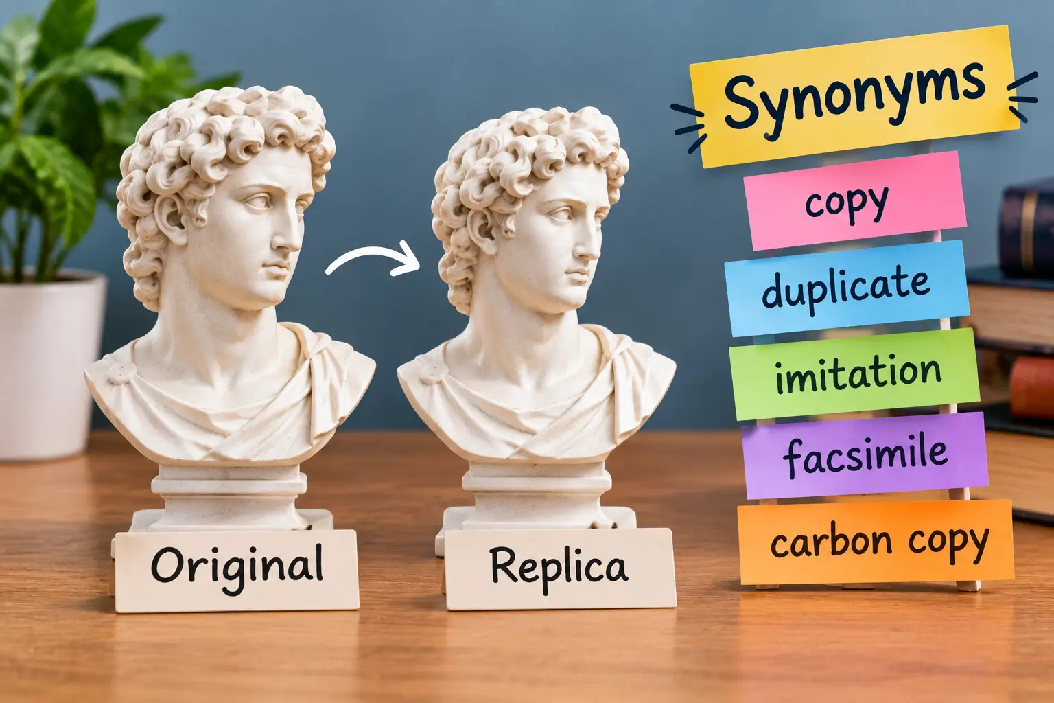 Replica synonyms showing copy, duplicate, imitation, facsimile, and carbon copy.