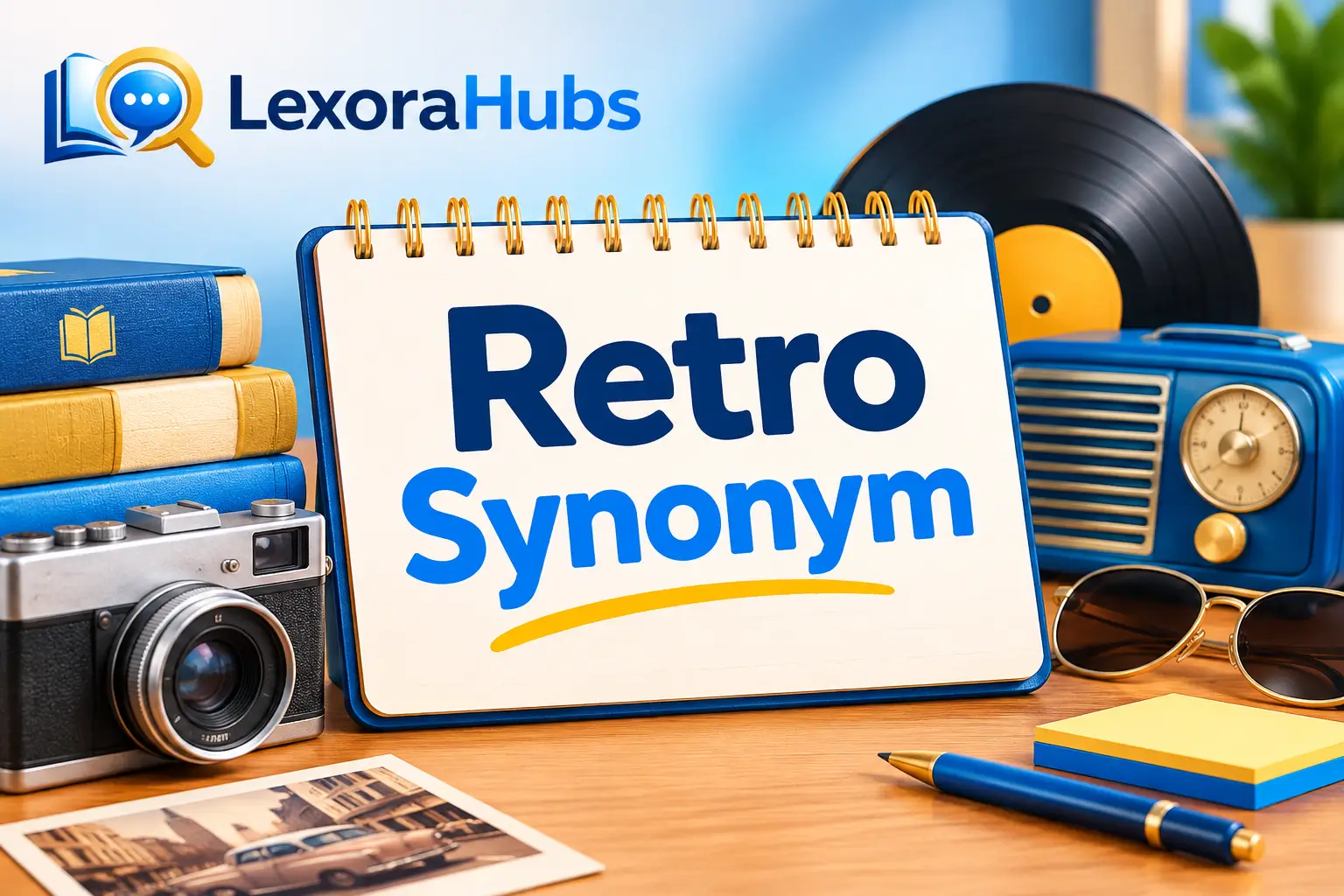 Retro synonym guide with vintage books, camera, vinyl record, and blue-gold LexoraHubs branding
