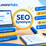 SEO synonym featured image with search optimization, rankings, keywords, and digital marketing concepts