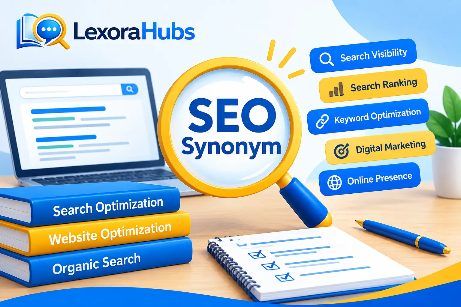 SEO synonym featured image with search optimization, rankings, keywords, and digital marketing concepts