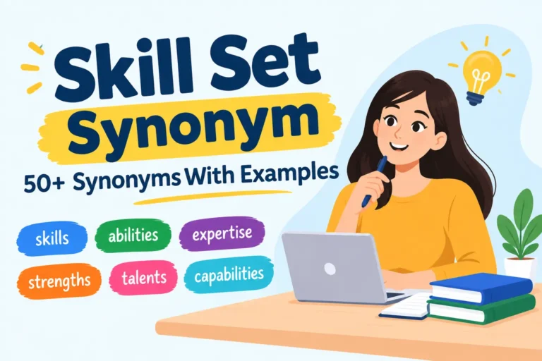 Skill set synonym infographic with common alternatives like skills, abilities, expertise, strengths, talents, and capabilities.