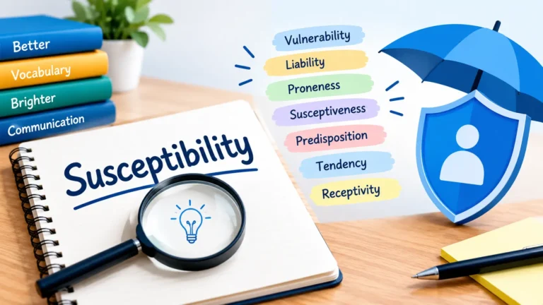 Susceptibility synonym vocabulary concept with related words and protection symbols.