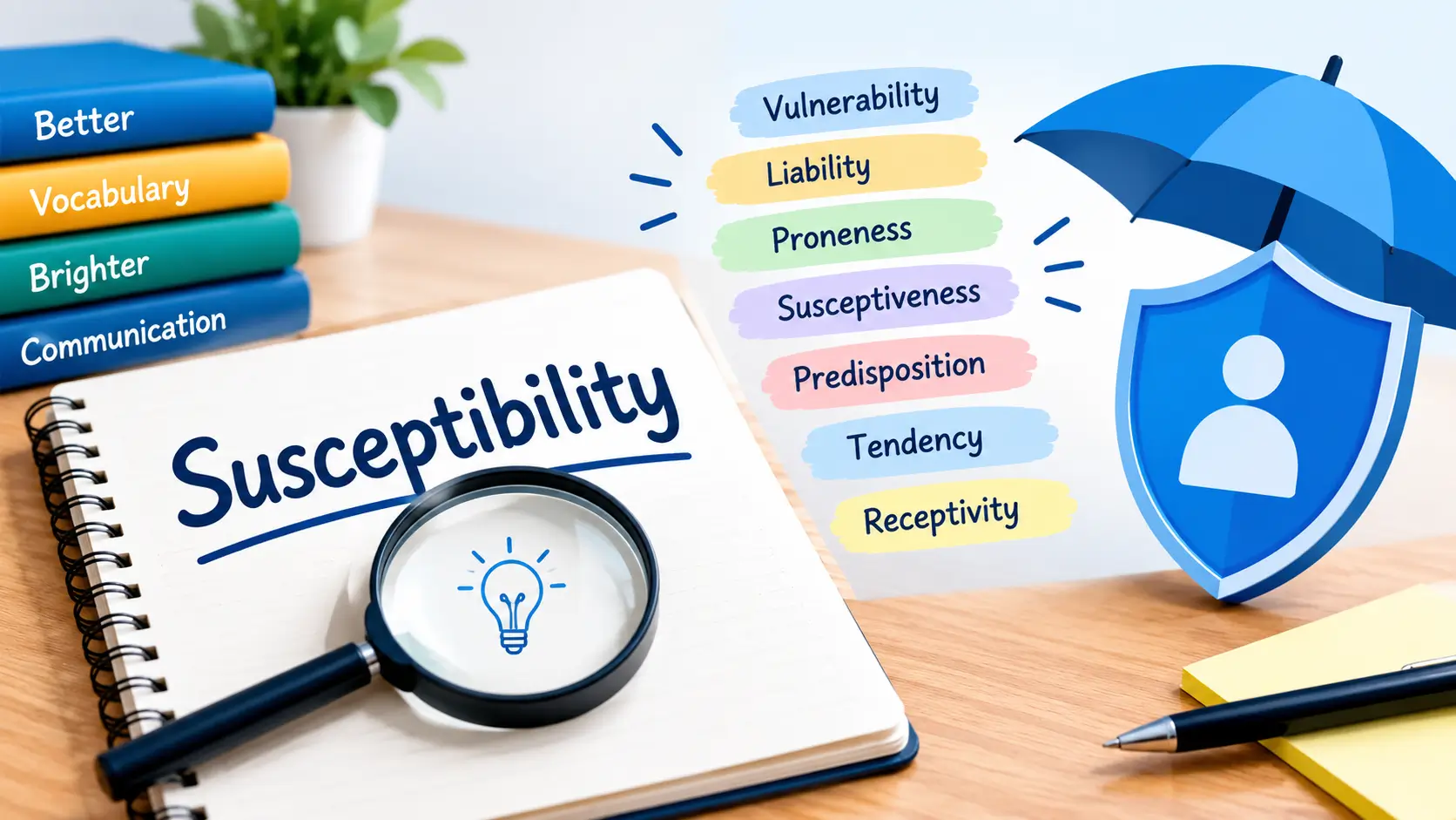 Susceptibility synonym vocabulary concept with related words and protection symbols.