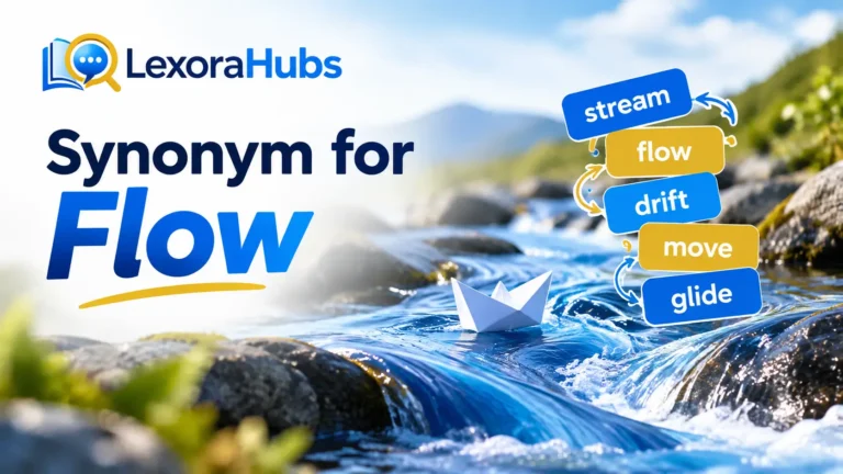 Synonym for Flow featuring LexoraHubs logo, flowing river, and related words like stream, drift, move, and glide.