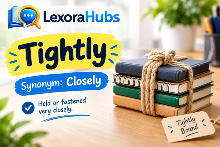 Tightly synonym – “Closely” meaning, with LexoraHubs logo and tightly bound books.