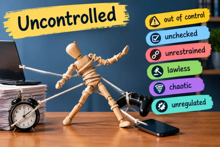 Uncontrolled synonyms showing out of control, unchecked, unrestrained, lawless, chaotic, and unregulated.