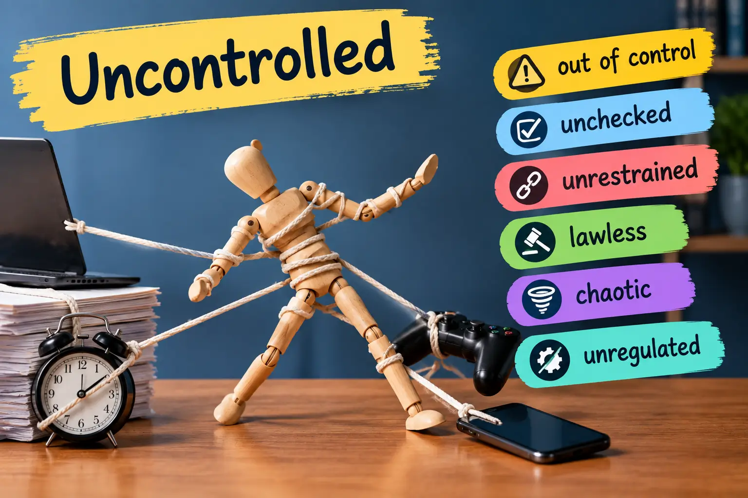 Uncontrolled synonyms showing out of control, unchecked, unrestrained, lawless, chaotic, and unregulated.