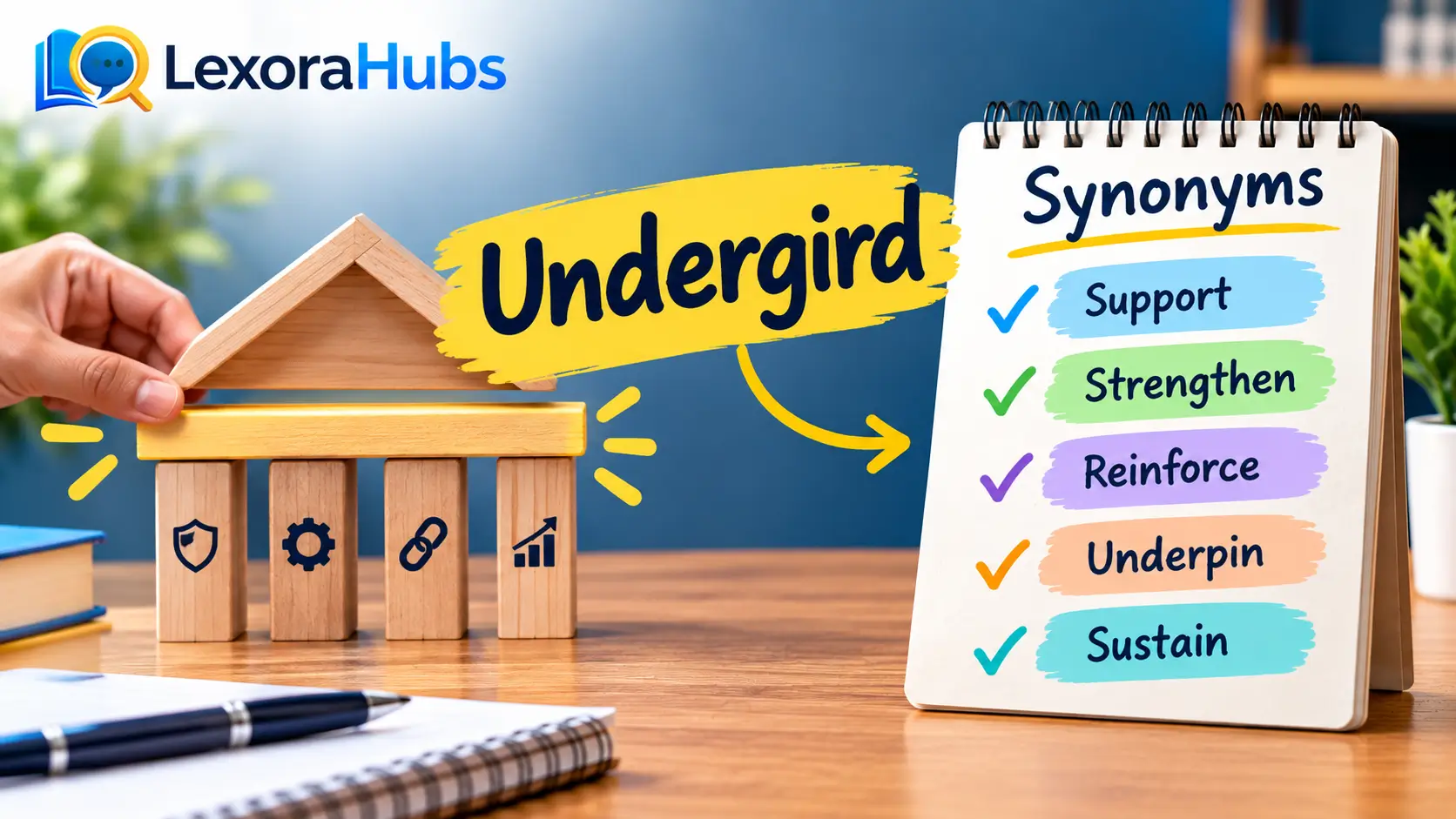 Undergird synonym feature image showing a supporting structure with synonyms such as support, strengthen, reinforce, underpin, and sustain.