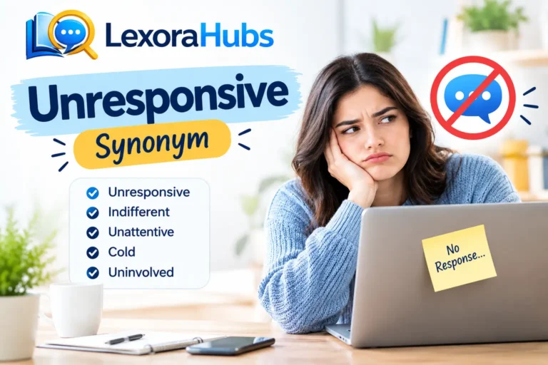 Unresponsive synonym feature image with LexoraHubs logo, synonym list, and a woman showing no response beside a laptop.