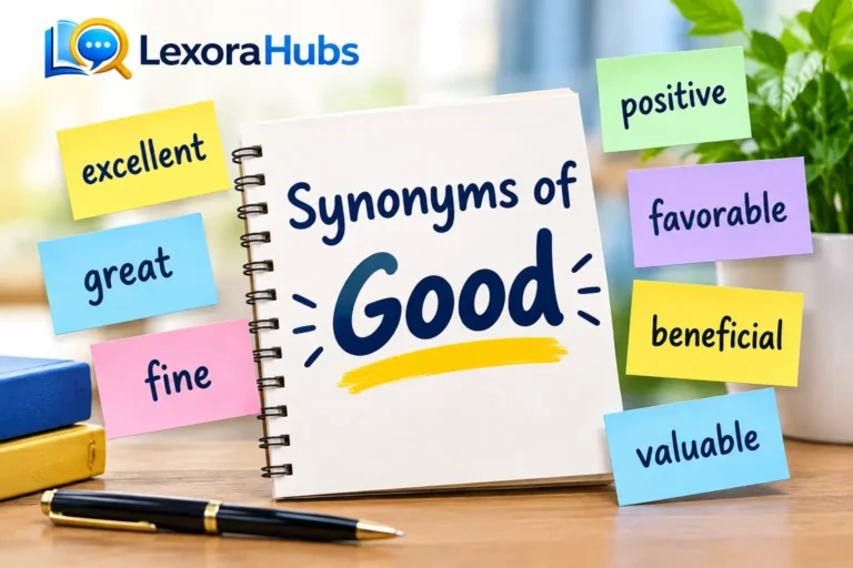 Synonyms of Good featuring excellent, great, fine, positive, favorable, beneficial, and valuable