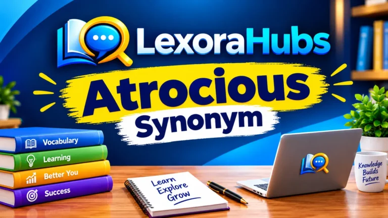 Atrocious synonym educational feature image with LexoraHubs logo, vocabulary books, laptop, and learning desk.