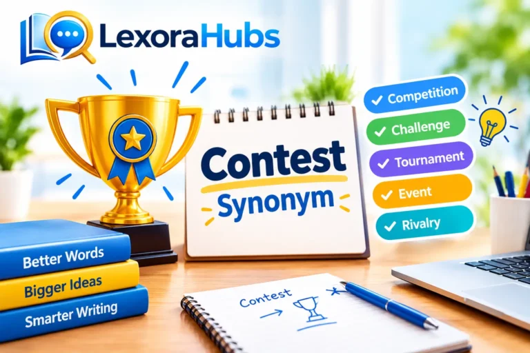 Contest synonym vocabulary guide featuring words related to competition, challenges, and matches.