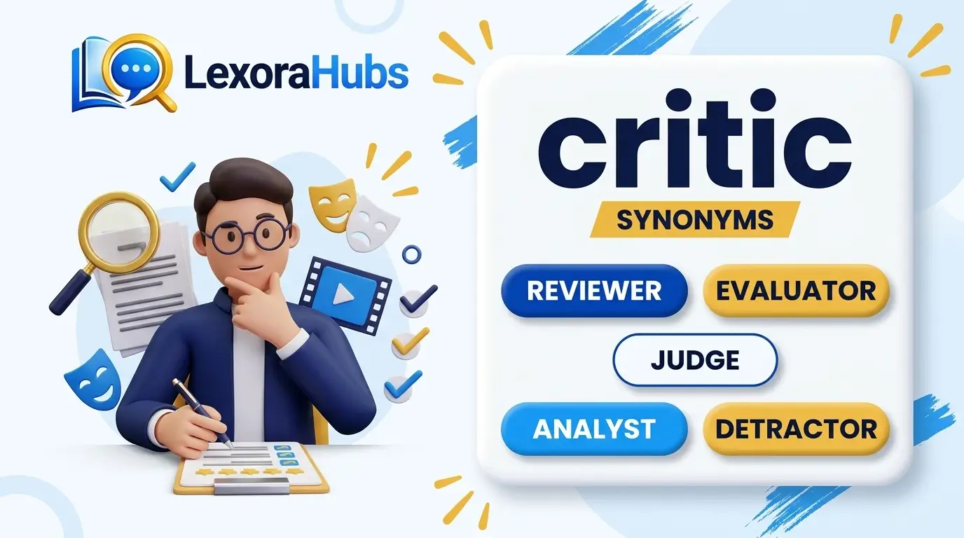Critic synonym vocabulary illustration featuring words such as reviewer, evaluator, judge, and analyst.