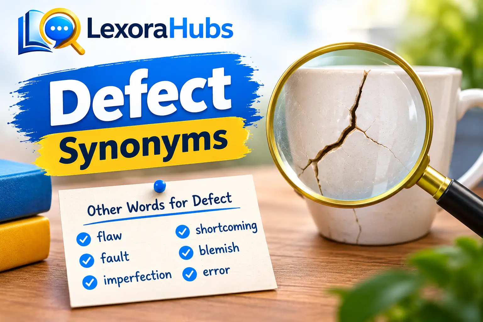 Defect Synonyms – LexoraHubs feature image showing a cracked ceramic mug under a magnifying glass, with synonyms including flaw, fault, imperfection, shortcoming, blemish, and error.