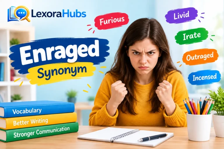 Enraged synonym vocabulary guide featuring furious, livid, irate, outraged, and incensed